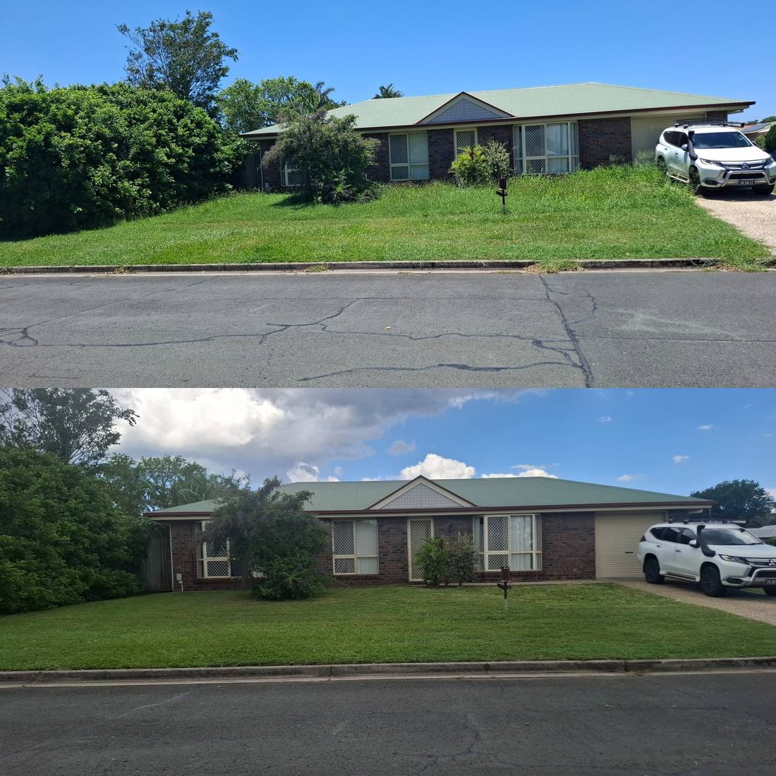 Before and after mowing an overgrown Ipswich front yard